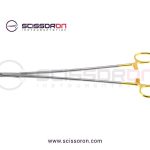 DeBakey vascular needle holder, 10'',straight, serrated TC jaws, gold ring handle_01