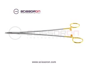 DeBakey vascular needle holder, 10'',straight, serrated TC jaws, gold ring handle_01