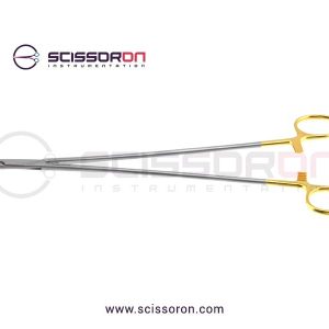 DeBakey vascular needle holder, 10'',straight, serrated TC jaws, gold ring handle_01