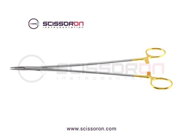 DeBakey vascular needle holder, 10'',straight, serrated TC jaws, gold ring handle_01