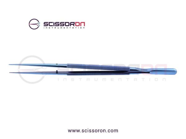 Microsurgical Tissue Forceps 1.0mm TC Dusted Straight Jaws Round Counterweight Handle Titanium